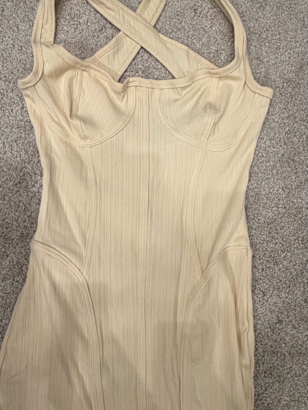 Fashion Nova Cream Ribbed Cross-Back Midi Dress